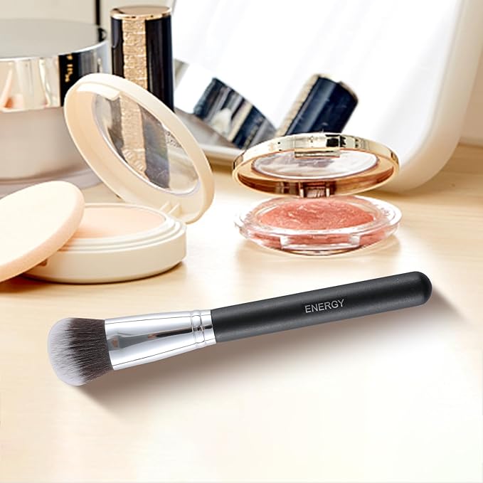 ENERGY Foundation Brush for Liquid Makeup Professional Vegan Makeup Brush for Foundation,Powder,Contour,Bronzer Blending Contouring Dense Soft Face Brush Black 200