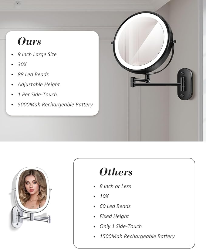 30X/1X Wall Mounted Lighted Makeup Mirror, 9'' Height Adjustable Double Sided 5000mAh Rechargeable Magnifying Bathroom Mirror with Light, 3 Color Modes Touch Dimmable Extended Arm 360 Rotation