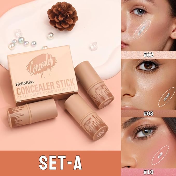 3Pcs Contour Stick Set-Creamy Contour Stick with Blush & Highlighter & Bronzer Not Greasy, Long-Lasting, Waterproof, Contouring Pen Easy to Contour the Face (A)