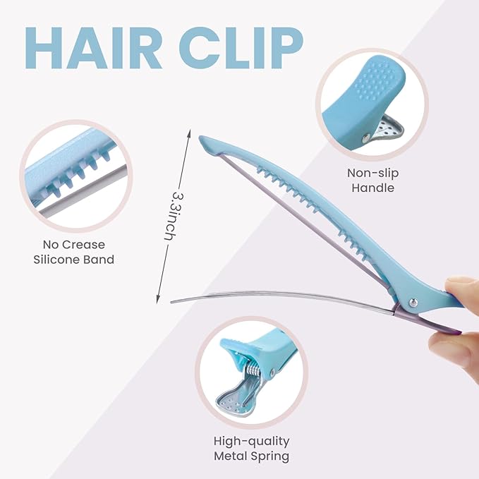 Hair Clips for Styling - 6 pcs No Crease Hair Clips for Women - Non Slip Duck Billed Hair Roller Clips with Silicone Band - Salon Hair Sectioning Clips