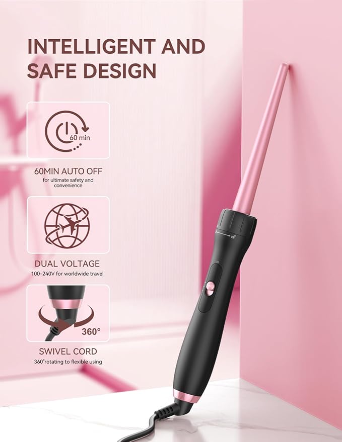 LANDOT Tapered Hair Curling Iron Wand: 9-19mm Curling Wand for Natural Curls & Textured Waves - Professional Detachable Clip Free Hair Curler - Includes Heat Resistant Silicone Mat & Glove