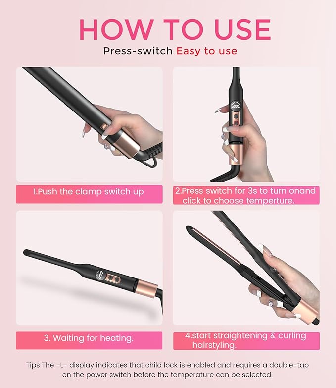Mini Flat Iron Hair Straightener 1/3 Inch Pencil Flat Iron for Women Portable Travel Straightener and Curler 2 in 1 for Short Hair Beard and Pixie Cut with Adjustable Temp (Rose Gold)
