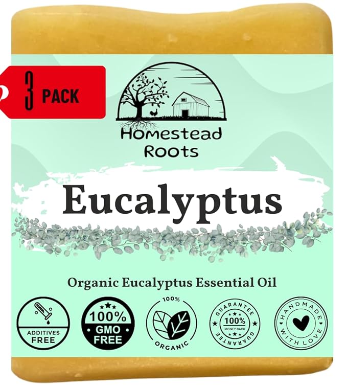Eucalyptus- Handcrafted with Grass-Fed Beef Tallow and Organic Oils - Scented with Organic Essential Oils - Artisanal Bar Soap - 3 Pack - Each Bar Unique, Beige