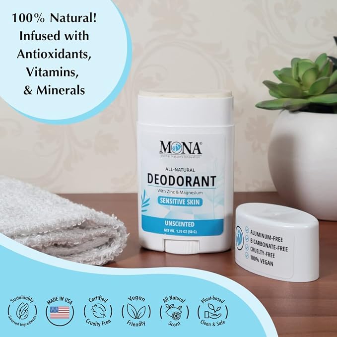 MONA BRANDS All Natural Deodorant For Women & Men | For Sensitive Skin | No Aluminum or Baking Soda | (UNSCENTED 1.76 Oz)