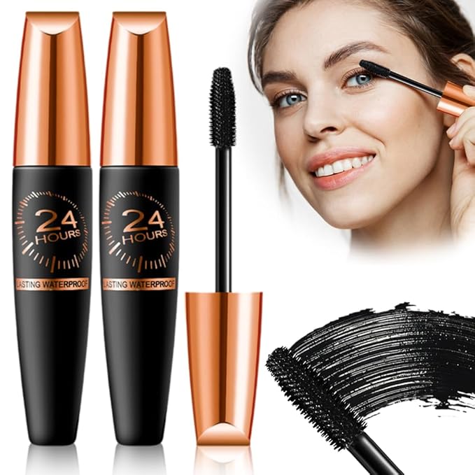 Waterproof Silk Fibre Thick Lengthening Mascara, 4D Silk Fiber Lash Mascara for Older Women, Long Lasting Smudge-Proof Curling Black Eyelashes Mascaras Volume and Length Natural All Day Full (Black*2)