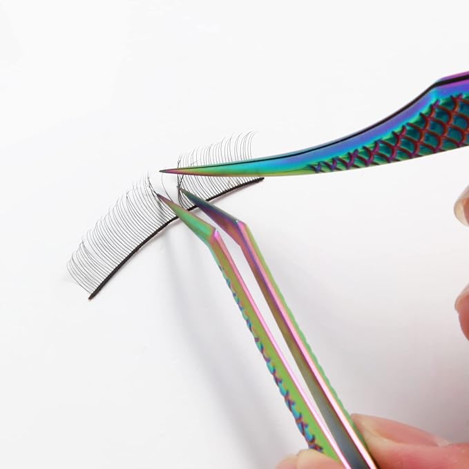 FEITA Diamond Grip Eyelash Extensions Tweezer Lash Precision Tweezers, Japanese Steel Dolphin-shaped & Angled Tip, False Lashes Application Tools, Multi-color 2Pcs
