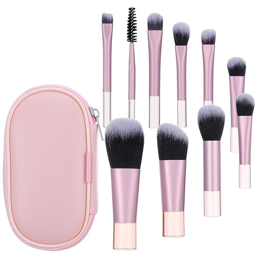 10Pcs Pink Travel Makeup Brush Set with Cosmetic Bag, Mini Makeup Brushes Professional Kit, Portable Make Up Brushes for Foundation, Eyeshadow, Blush and On the Go Application