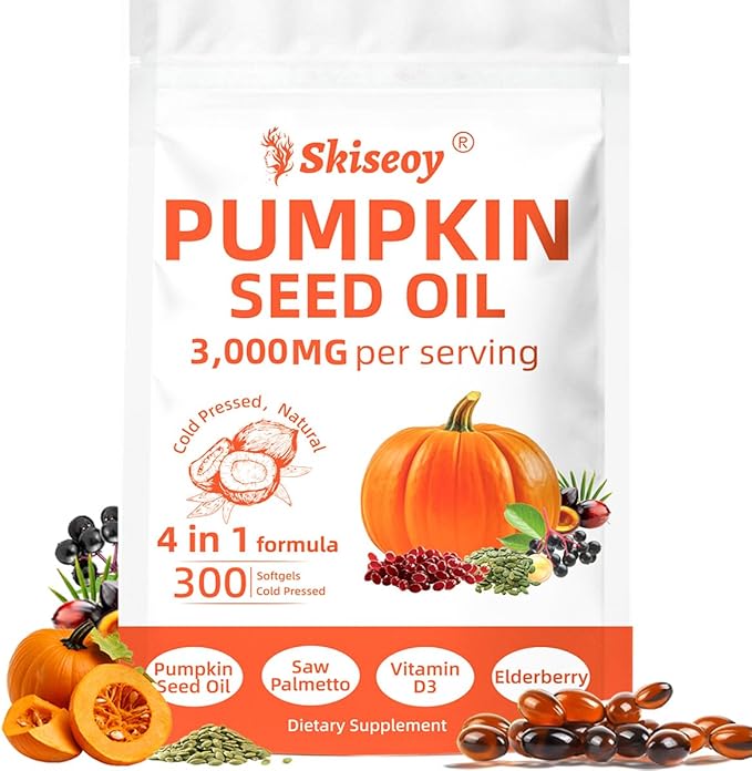 Pumpkin Seed Oil with Saw Palmetto, 300 Softgels | 4 in 1 Vitamin D3 & Elderberry, 3000mg Cold Pressed & Pure Virgin Oil | Supports Hair, Urinary, Bladder & Prostate Health, Immune | Vegan, Non-GMO