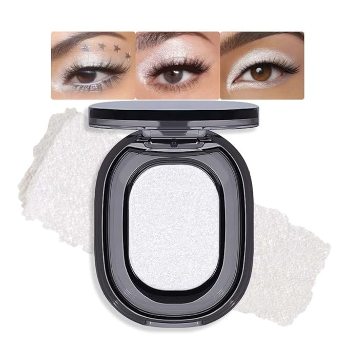 Eyeshadow Single Shimmer, Monochrome Glittler Eyeshadow Palette, Pressed Glitter Single Eyeshadow, Everyday Low Saturation Delicate Long-Lasting Eye Makeup Looks Eye Shadow White 02