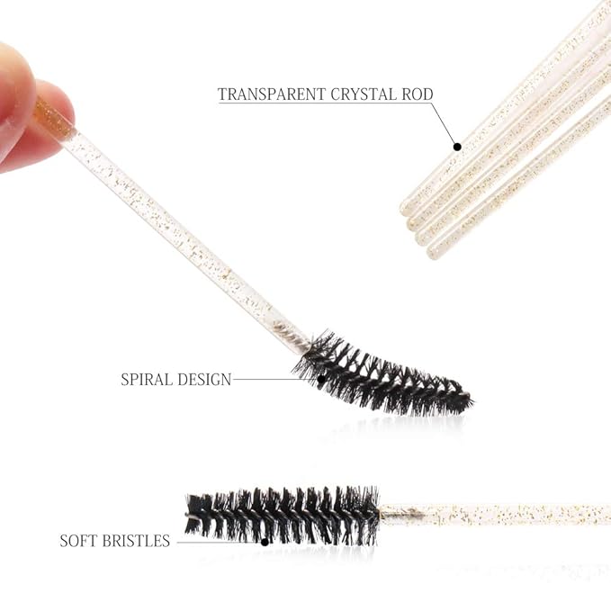 300 Pack Glitter Mascara Wands Disposable EyeLash Spoolie Brushes Makeup Applicator Eyelash Extension Tool Kit, Crystal Gold Handle Black Brush Head