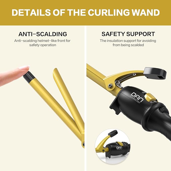 DAN Technology 1/2 Inch Thin Curling Iron for Corkscrew Curls, Tourmaline Ceramic Small Hair Curler with 180°F–430°F Adjustable Temperature, Fast Heating, Dual Voltage, Auto Shut-Off, Black & Gold