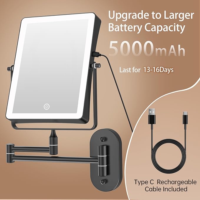 FASCINATE 5000mAh Rechargeable Wall Mounted Makeup Mirror, 8.7" Double Sided Touch Switch 1X 30X Rectangle Magnifying Mirror with Light, 3 Color Setting, Extended Arm 360° Swivel Foldable Black