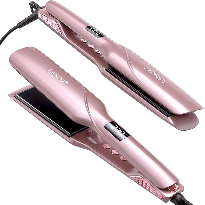 LANDOT Wide Flat Iron Hair Straightener - 1.75" Professional Ceramic Straightening Iron for Faster Styling, Extra Shine Hair, Dual Voltage Adjust Temp 250-450℉ All Hair Types, Ideal for Busy Morning