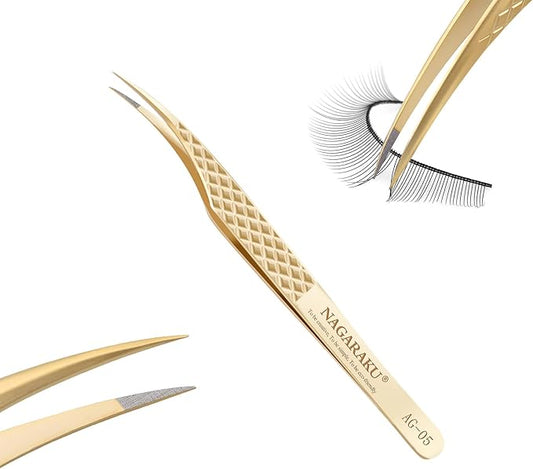 NAGARAKU Precision Fiber Tip Grip Tweezer for Eyelash Extensions Diamond Handle Anti-Static Anti-Slip Premium Gold Stainless Steel Eyelashes Curved Tweezers Supplies with Box(Dolphin Tweezer AG-05)