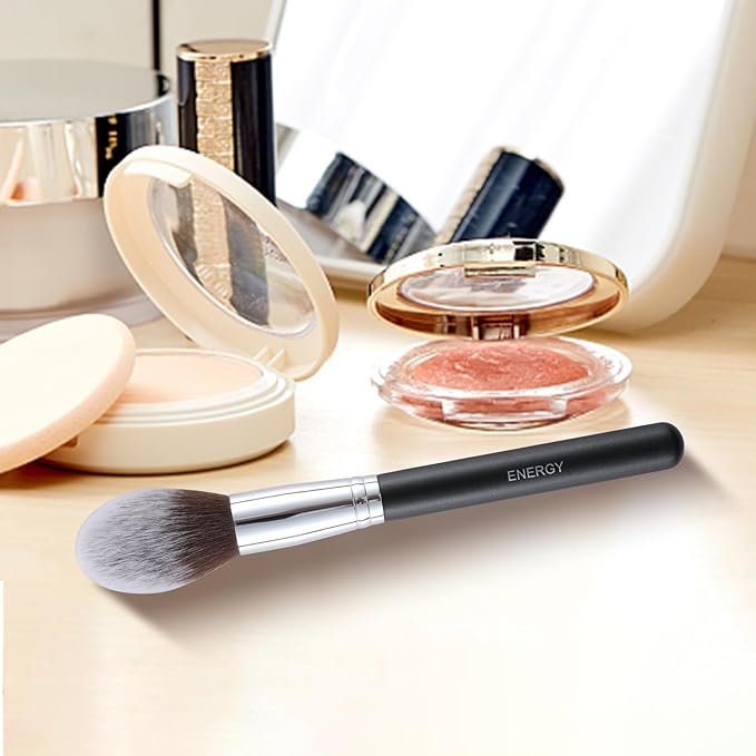 ENERGY Blush Brush for Cheeks Large Tapered Highlighter Face Makeup Brush For Loose,Cream,Minerals or Pressed Blusher Contour Bronzer Setting Powders Fluffy Powder Brush Vegan Synthetic Black