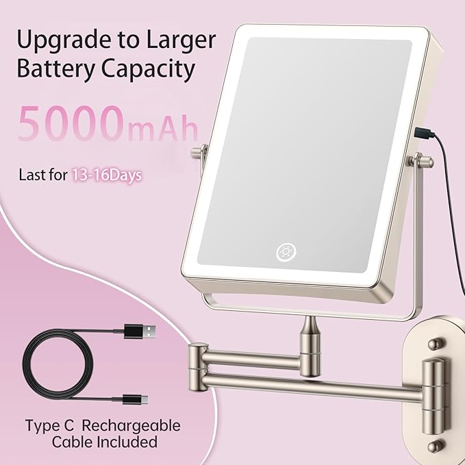FASCINATE 5000mAh Rechargeable Wall Mounted Makeup Mirror, Bathroom Mirror Rectangle 8.7" Double Sided Touch Switch 1X 30X Magnifying, 3 Color Setting, Extended Arm 360° Swivel Foldable Nickel