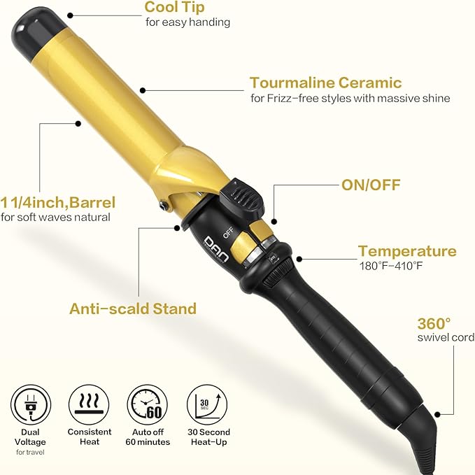 DAN Technology 1¼ Inch Large Barrel Curling Iron Wand for Loose Voluminous Waves, Tourmaline Ceramic Hair Curler with 180°F–430°F Adjustable Temperature, Fast Heating, Dual Voltage, Auto Shut-Off