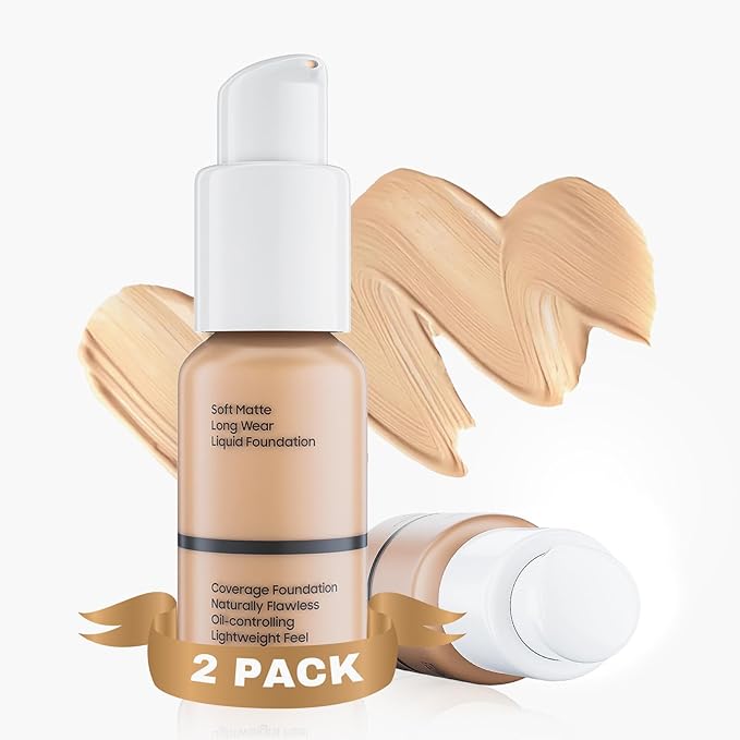 Matte Liquid Foundation Full Coverage - Flawless & Long-Lasting Oil Control Foundation Makeup, Lightweight Waterproof Concealer Cream for Dry and Oily Skin, 1 Fl Oz (2 Pack #102 Nude)