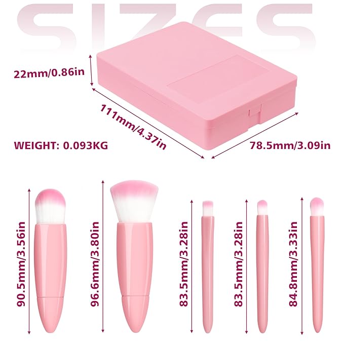 Travel Makeup Brush Set, Portable 5 PCS Mini Makeup Brushes with Mirror, Easy-taken Makeup Tool Set for Eyeshadow, Contour, Blush, Complete Function Cosmetic Profesional Tools (Pink)