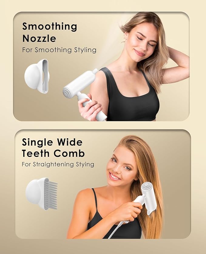 Travel Hair Dryer, Dual Voltage with Auto-Sensing, 1B Plasma Particles, 200times/s Temp Control, Portable Blow Dryer with Single-Sided Comb, White