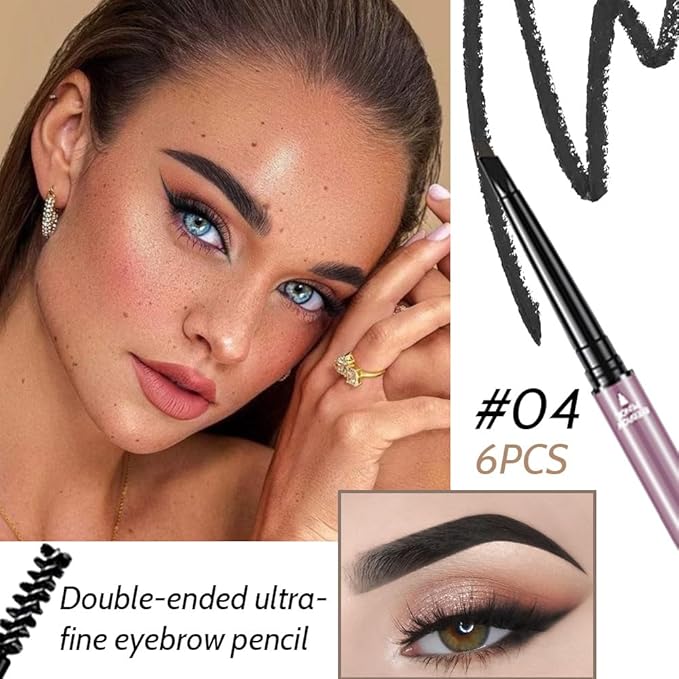 6 Pcs Black Eyebrow Pencils for Women,with Spoolie Brush,Eyebrow Pencil Soft Textured,Waterproof Sweat-proof for Fills in Sparse Areas and Gaps Create a Natural Eye Brow,Vegan & Cruelty-Free