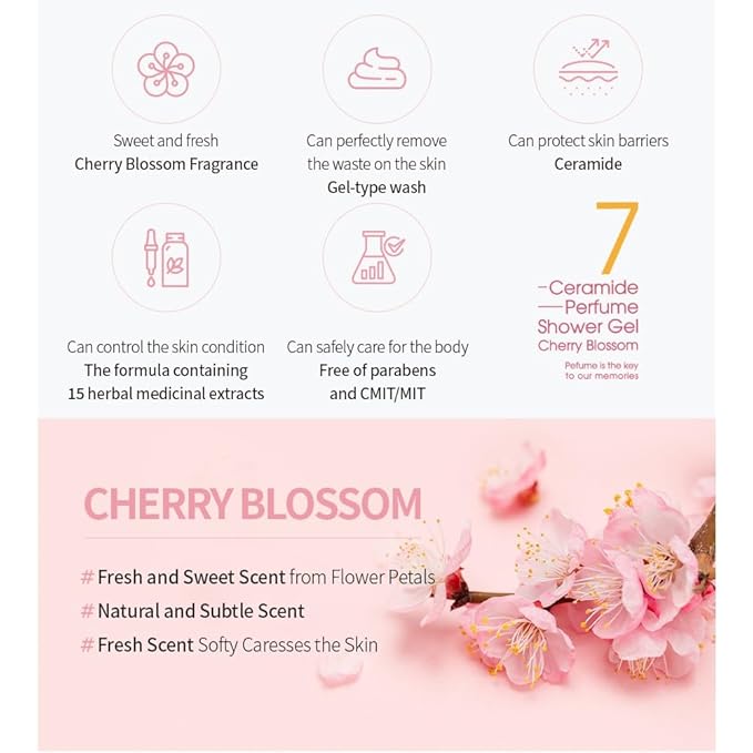 MASIL 7 Ceramide Perfume Shower Gel for Sensitive Skin, Korean Skin Care Moisturizing Body Wash for Women, Aroma Liquid Soap with Centella Asiatica and Licorice Root (Cherry Blossom, 16.9 fl oz)