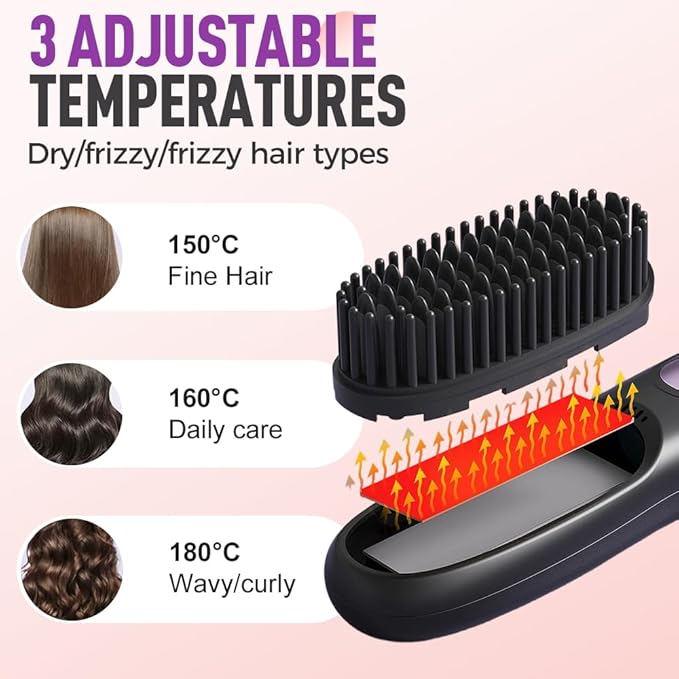 Go Brush Pro, Cordless Hair Straightener Brush, Portable Mini Hair Straightening Brush with 3 Temperature Settings & LED Display, USB Rechargeable Fast Heating Hairs Brush for Travel (Pink)