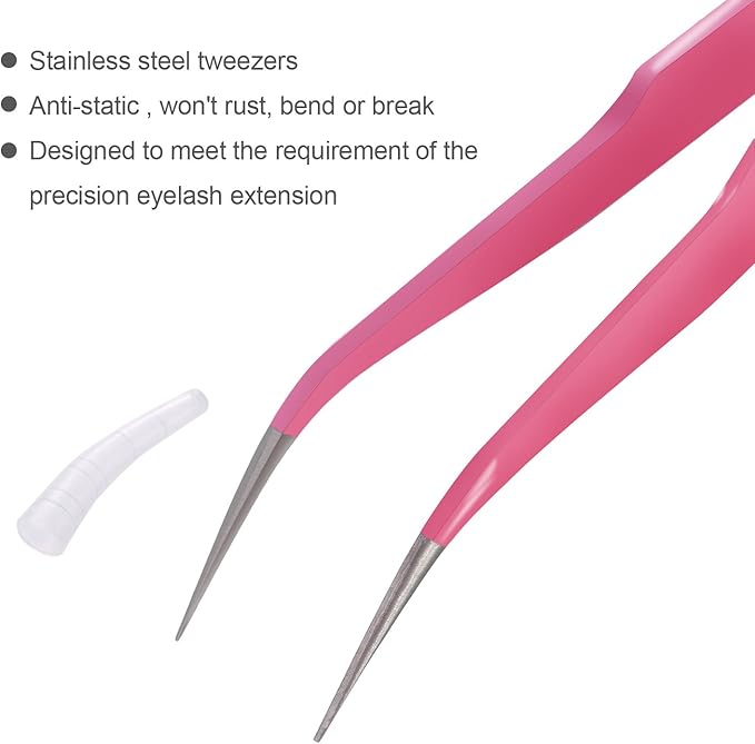 Hotop 2 Pieces Straight and Curved Tip Tweezers Eyelash Extension Tweezers, Stainless Steel False Lash Application Tools (Pink)