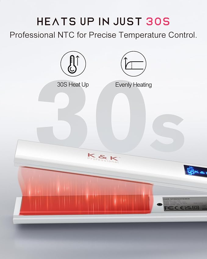 K&K Nano Hair Straightener for Women, Adavance Ceramic Coated Plates Flat Iron Digital Display Ultra-Fast Heat Up Auto Safety Shut Off Plancha De Pelo Dual Voltage UK Plug, for Short Hair