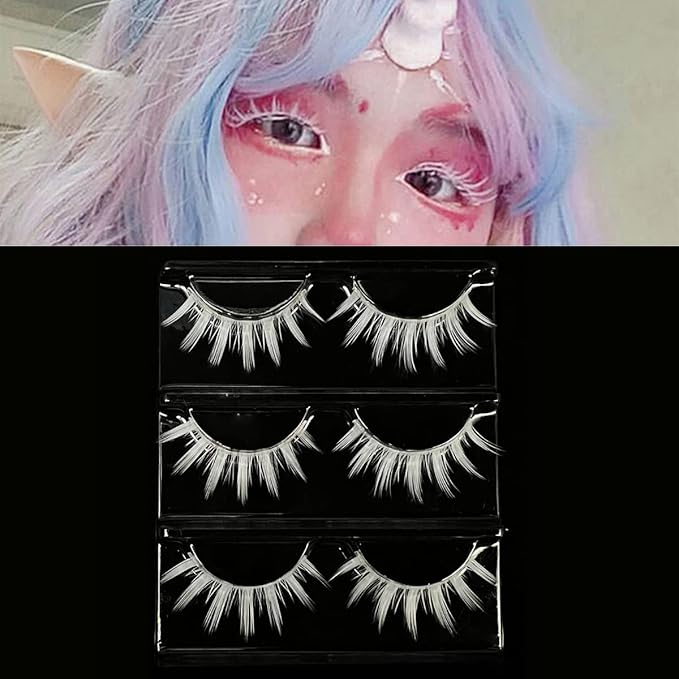 White False Eyelashes for Halloween, Anime Cosplay, Masquerade, Easter Costume Party - Natural Looking Eye Lashes Extension Tools (MQ11-14mm)