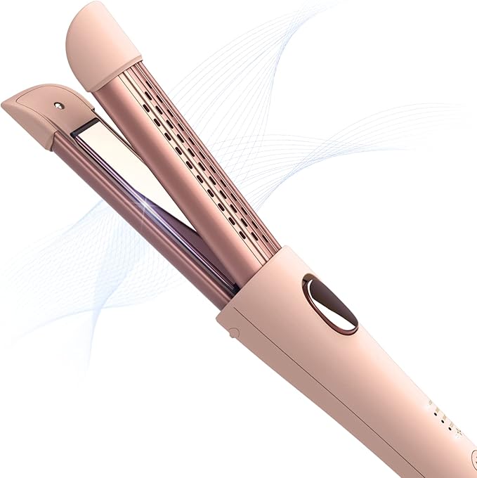 MIRACOMB Cool Air Curler Titanium Curling Wand 2 in 1 Hair Flat Iron 1” Styler for Loose Curls and Straight Styles, Max 430F, Auto Off, Dual Voltage (Pink)
