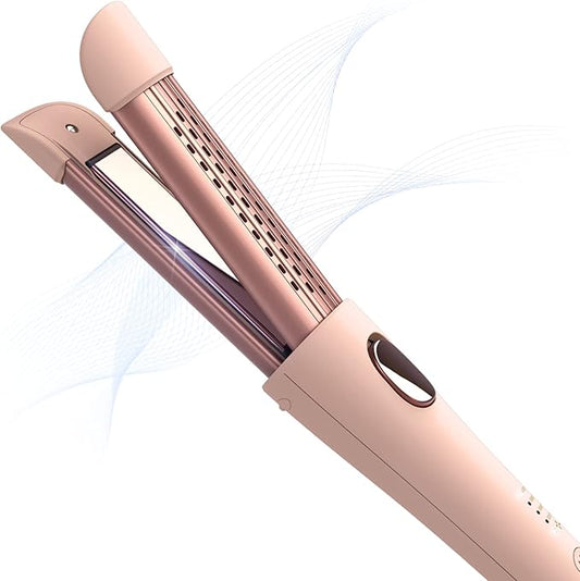 MIRACOMB Cool Air Curler Titanium Curling Wand 2 in 1 Hair Flat Iron 1” Styler for Loose Curls and Straight Styles, Max 430F, Auto Off, Dual Voltage (Pink)
