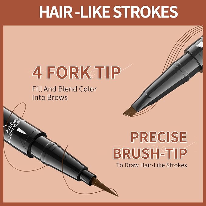 4-Fork Tip Microblading Eyebrow Pen - 2-in-1 Waterproof Eyebrow Pencil, Long-Lasting Natural Hair-Like Brows, Smudge-Proof & Easy to Use (02#Dark Brown)