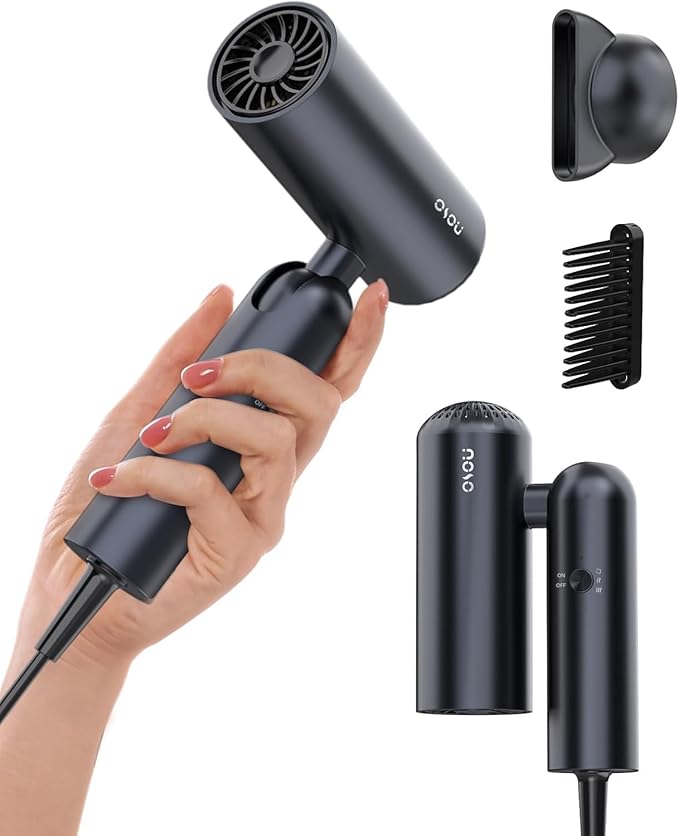 Foldable Hair Dryer for Travel - Global Voltage with Auto-Sensing, 1B Plasma Particles, 200times/s Temp Control, Portable Blow Dryer with Single-Sided Comb, Gray