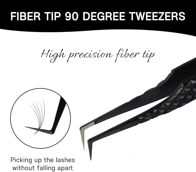 VAVALASH Lash Tweezers for Eyelash Extensions, Fiber Tip Diamond Grip 90 Degree Tweezers for Lash Extension,Professional Precision Black Lash Tweezers for Volume & Classic Lashes (90 Degree Tweezers)
