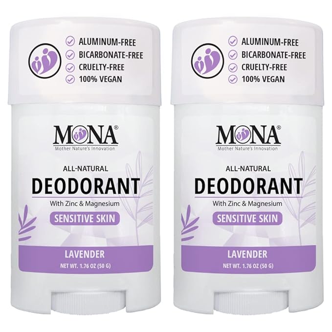 MONA BRANDS All Natural Deodorant For Women & Men | For Sensitive Skin | No Aluminum or Baking Soda | (2-Pack LAVENDER 1.76 Oz each)