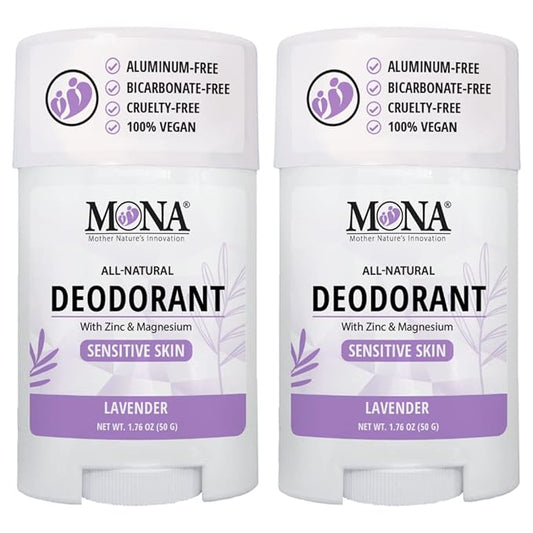 MONA BRANDS All Natural Deodorant For Women & Men | For Sensitive Skin | No Aluminum or Baking Soda | (2-Pack LAVENDER 1.76 Oz each)