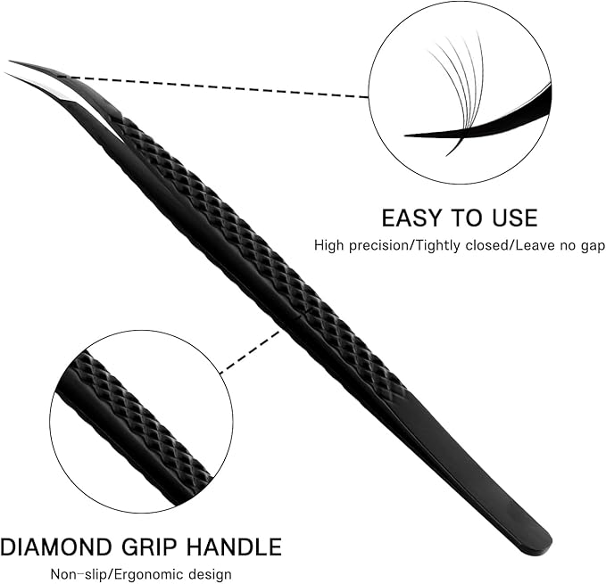 VAVALASH Lash Tweezers for Eyelash Extensions, Fiber Tip Diamond Grip Isolation Tweezers, Professional Precision Black Lash Tweezers for Volume & Classic Lashes