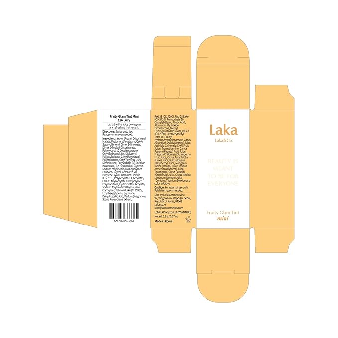 Laka Fruity Glam Lip Tint Mini, Glowing Lip Stain with Wide Color Spectrum, Hydrating & Lightweight Texture, Long-Lasting Bold Stain, Non-Sticky, Vegan, K-Beauty (126 Lucy)