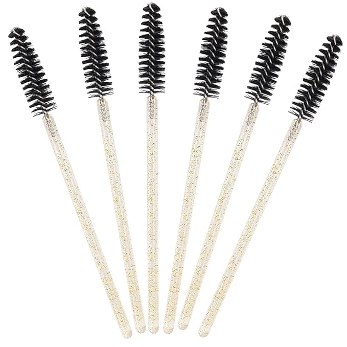 300 Pack Glitter Mascara Wands Disposable EyeLash Spoolie Brushes Makeup Applicator Eyelash Extension Tool Kit, Crystal Gold Handle Black Brush Head