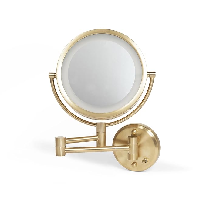 JERDON Wall-Mounted Makeup Mirror with LED Light - Direct Wire Lighted Makeup Mirror with 8X Magnification - 8.5-inch Diameter Mirror with Gold Finish Wall Mount - Model HL75BGD
