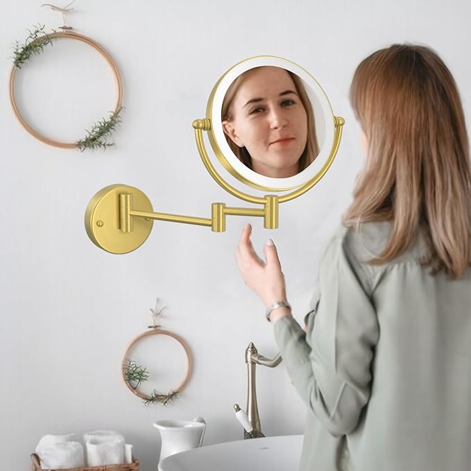 Make up Mirror Wall Mounted Lighted 10X Magnifying, 8" Double Sides 3 Color Lighting Touch Dimming, 360 Swivel Extended Arm Shaving Light up Mirror Hard Wired for Bathroom, Brushed Gold
