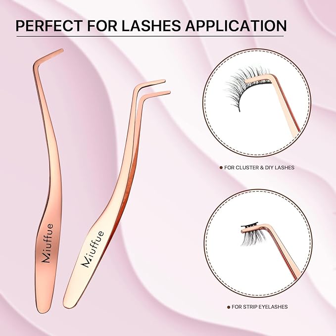 False Eyelash Applicator DIY Lash Applicator Tool Stainless Steel Curved Eyelash Tweezers for Strip Lashes, Rose Gold