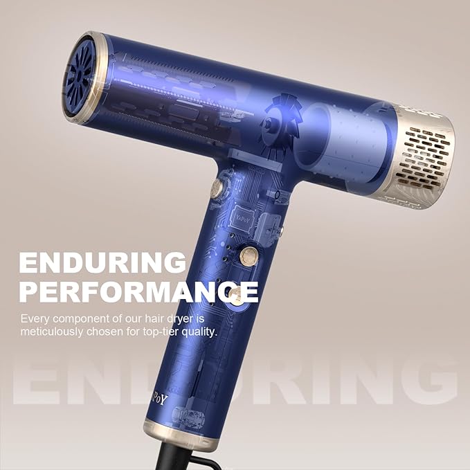 YAPOY Professional Hair Dryer with Diffuser Fast Drying 200 Million Ionic Blow Dryer with 110, 000 RPM High-Speed No Heat Damage Intelligent Thermo-Control Low Noise, Blue