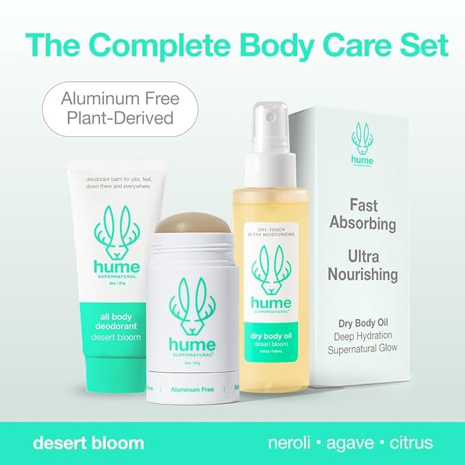 HUME SUPERNATURAL Desert Bloom Starter Set - Aluminum-Free Deodorant Stick, Whole Body Balm & Dry Body Oil - Plant-Based, Sensitive Skin Safe - 3-Piece Gift Set