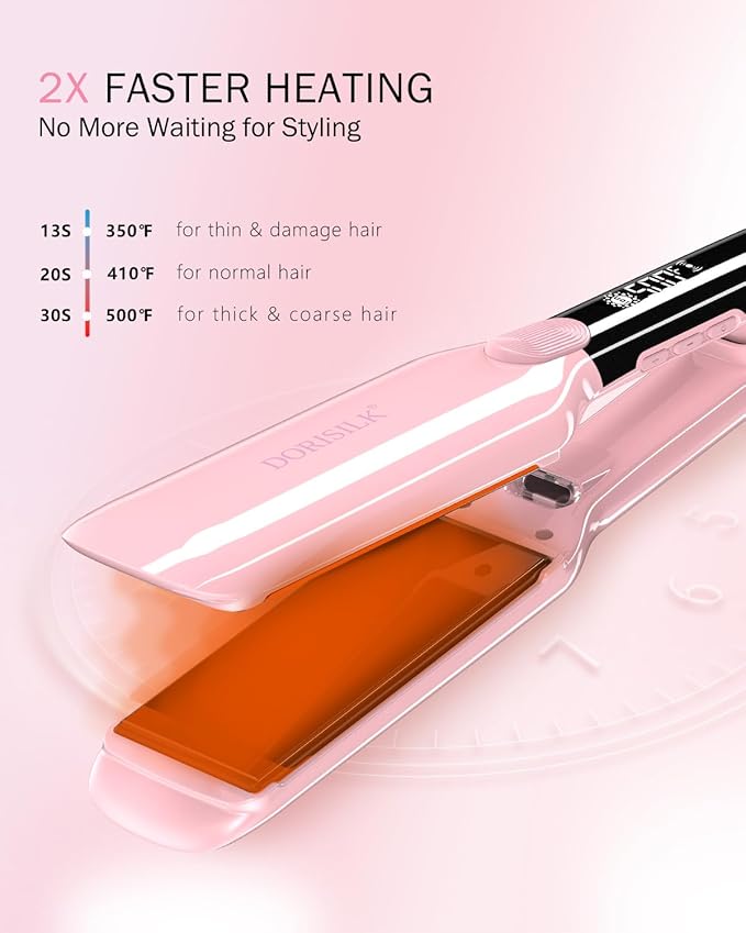 DORISILK 500 Degree High Temp Professional Hair Straightenr ， Ceramic Wide Flat Iron ，2 in 1 Hair Straightener and Curler，Plasma Flat Iron Straightener Get Frizz-Free and Shiny (Pink)