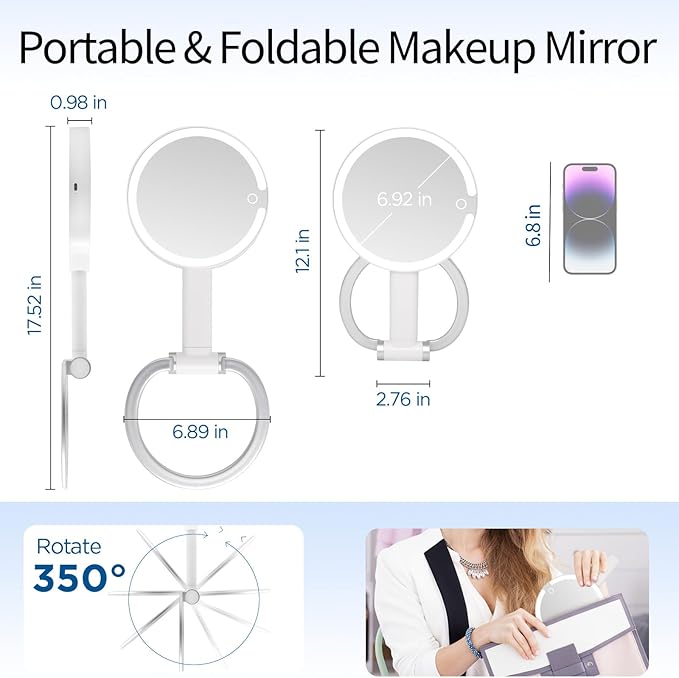 Portable Travel Makeup Mirror with Lights - 3 Color Dimmable Lights, 360° Rotation, Rechargeable Double-Sided 1X/10X Magnifying Mirror, Adjustable Brightness for Tabletop, Home & On-the-Go Use