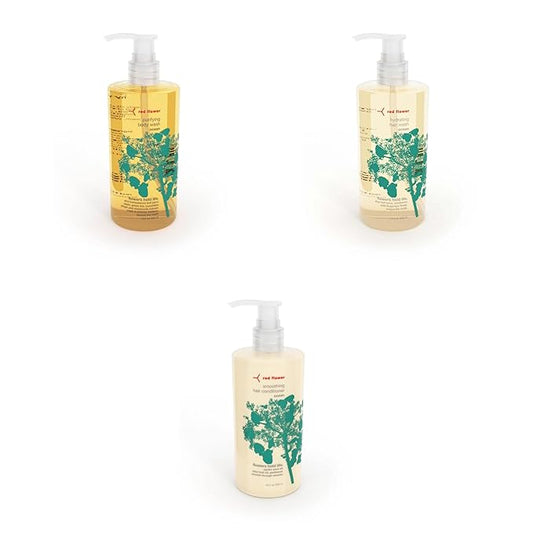 Red Flower Ocean Hair & Body Care Set: Purifying Body Wash, Hydrating Hair Wash, and Ocean Smoothing Hair Conditioner for Fresh Skin and Soft, Revitalized Hair