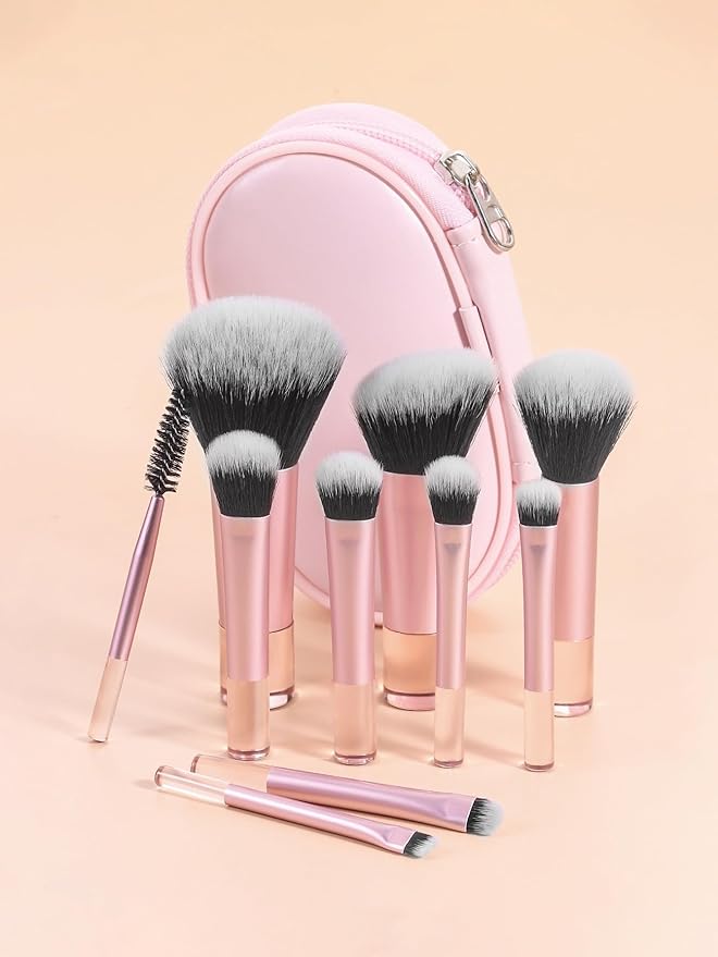 Glamberry Portable Mini Travel Makeup Brushes Set,10pcs Pink Easy-taken Cosmetic Brushes Kit with Brush Pouch, On the Go Cute Short Makeup Brush Small Travel Essentials for Women, Girls