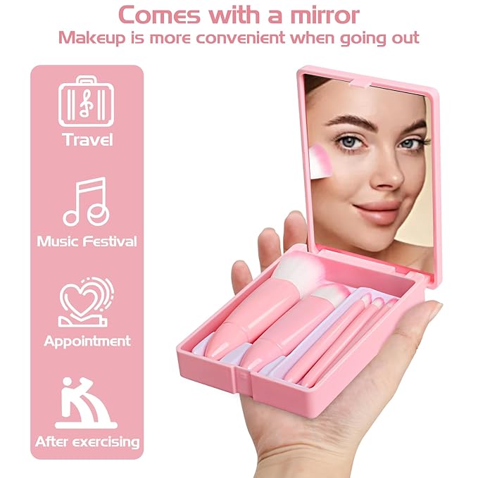 Travel Makeup Brush Set, Portable 5 PCS Mini Makeup Brushes with Mirror, Easy-taken Makeup Tool Set for Eyeshadow, Contour, Blush, Complete Function Cosmetic Profesional Tools (Pink)
